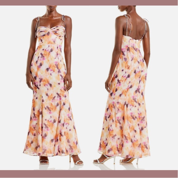 NWT‎ Fame and Partners [ 14 US ] The Elham Shoulder Tie Printed Maxi Dress Gown - Picture 1 of 16